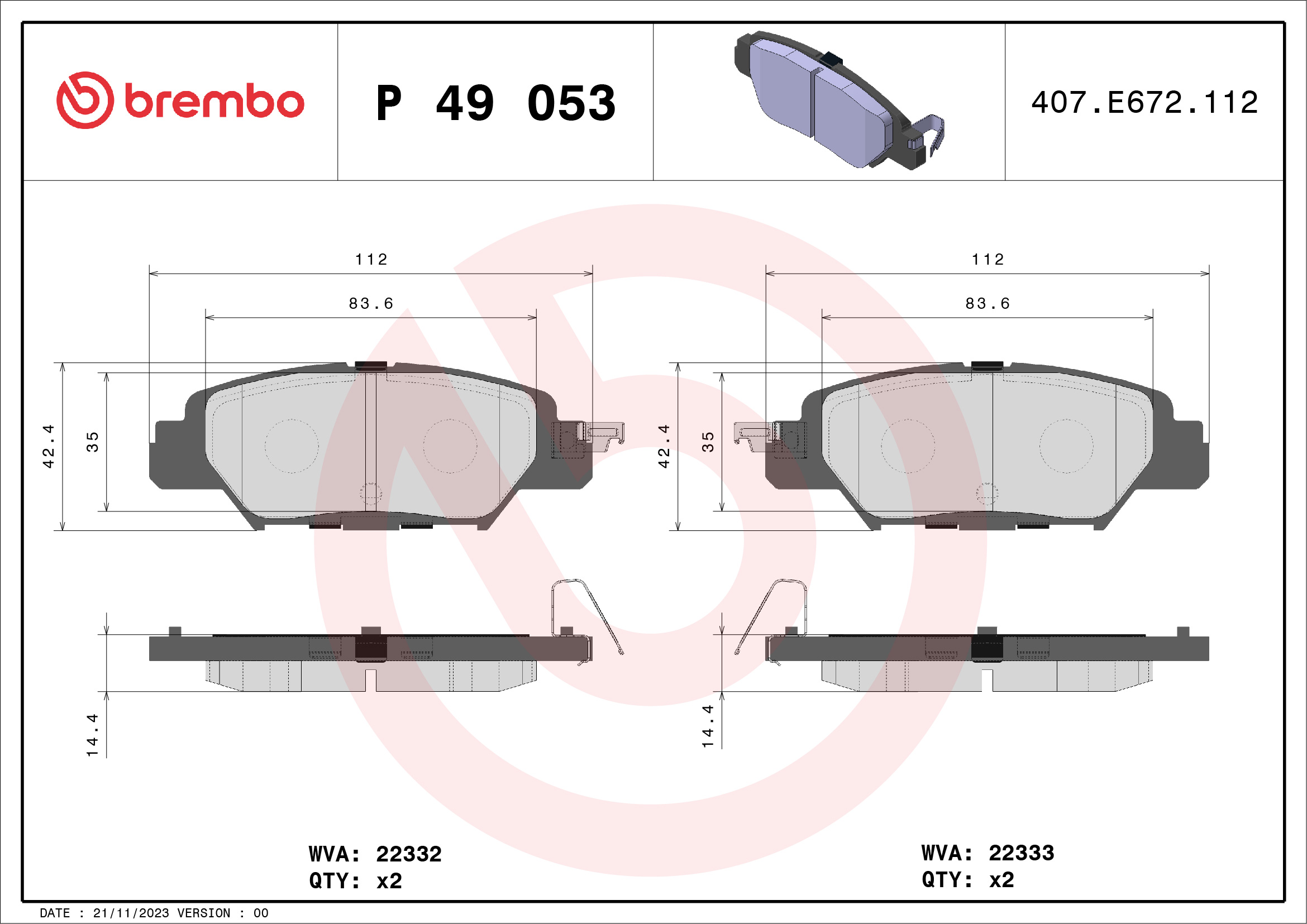 A.B.S. P 49 053 BREMBO Bremsbelagsatz, Scheibenbremse